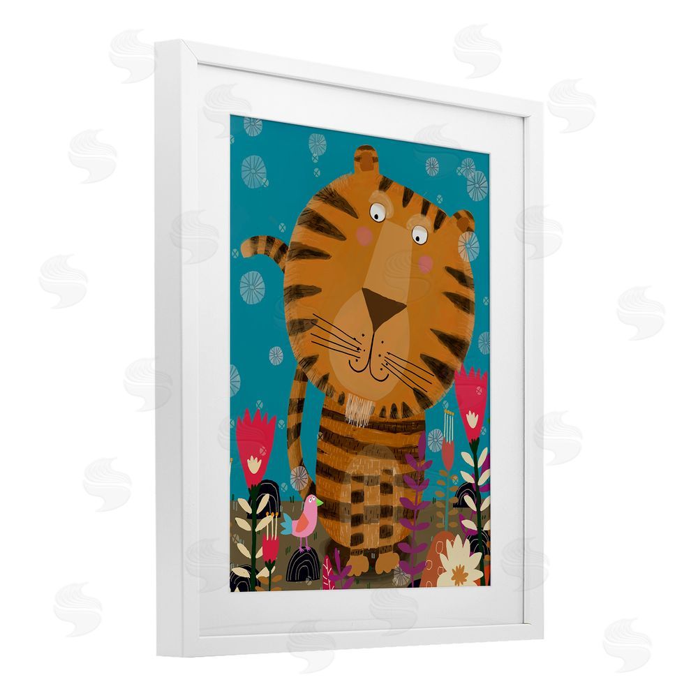 Carla Daly Boho Tiger & Flowers White Framed Print Under Glass Wall Art