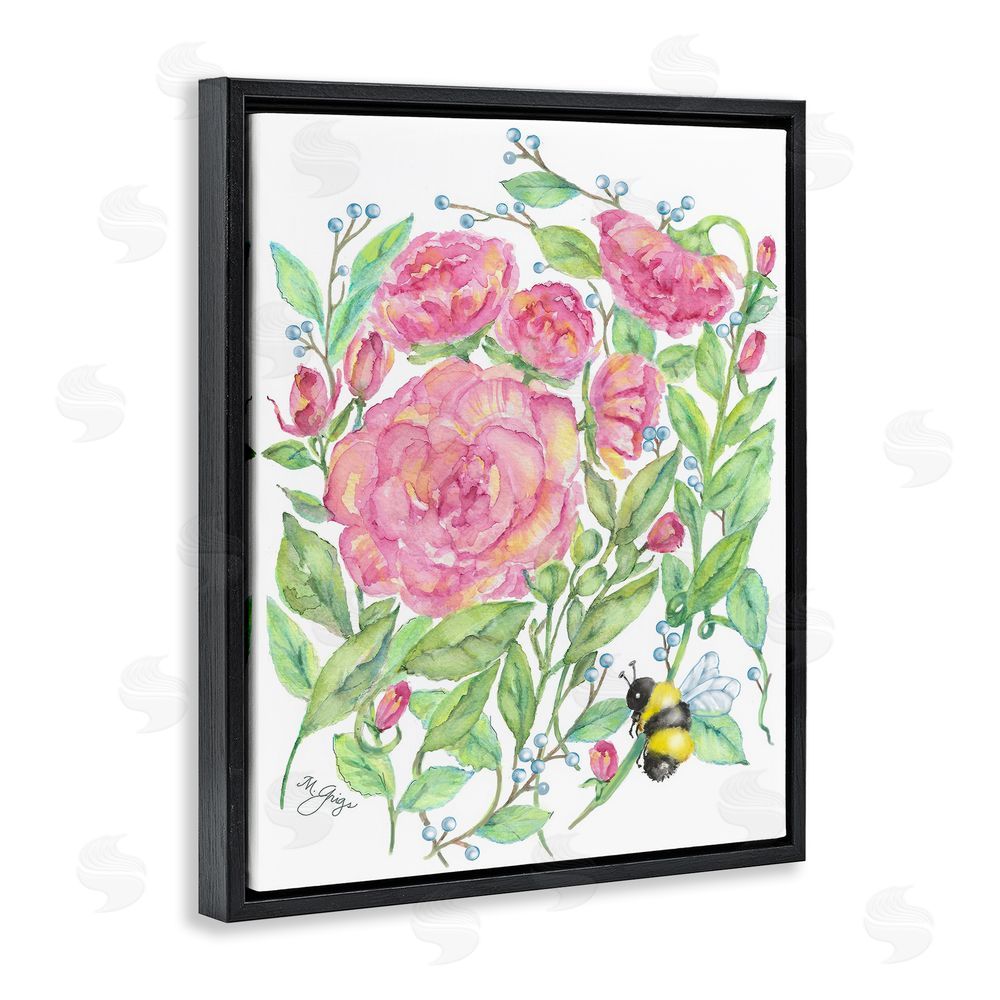 Maureen Grigs Peony & Bumble Bee Black Floating Frame Canvas Wall Art Print