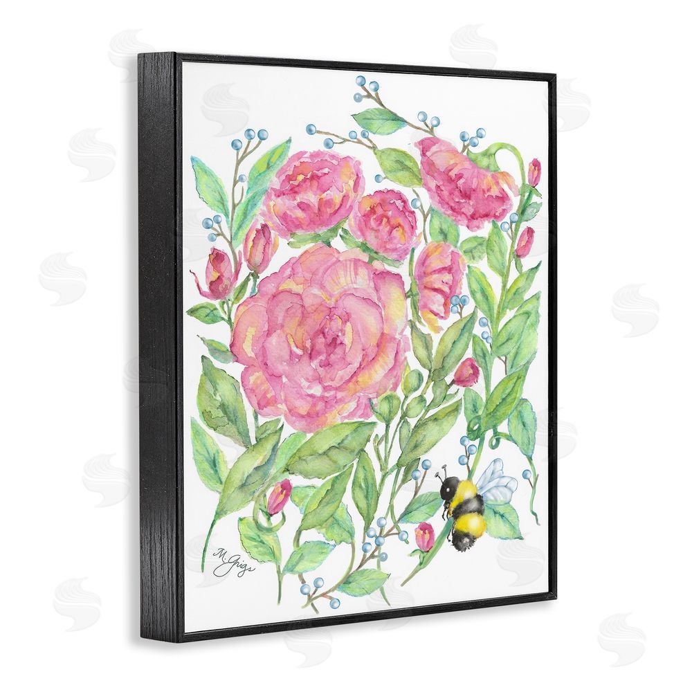 Maureen Grigs Peony & Bumble Bee Black Framed Giclee Wall Art Print