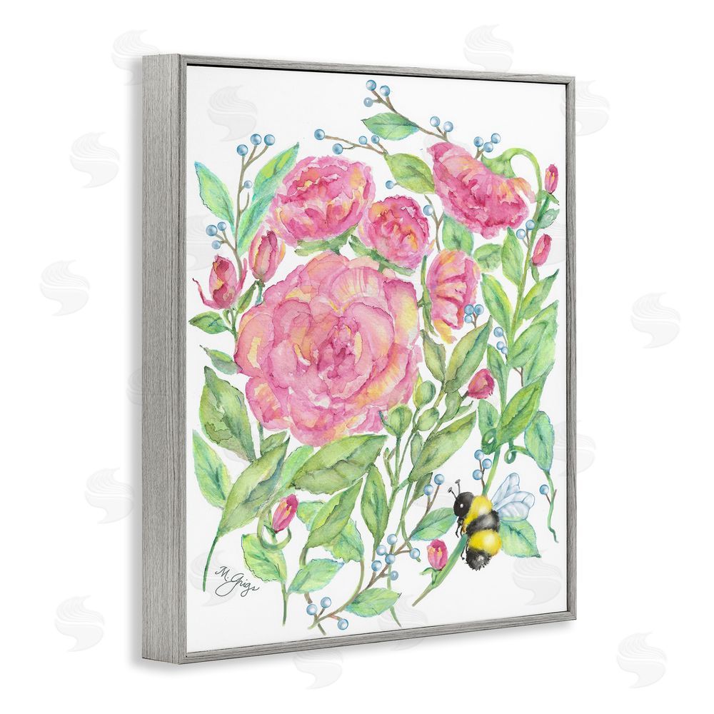 Maureen Grigs Peony & Bumble Bee Gray Framed Giclee Wall Art Print