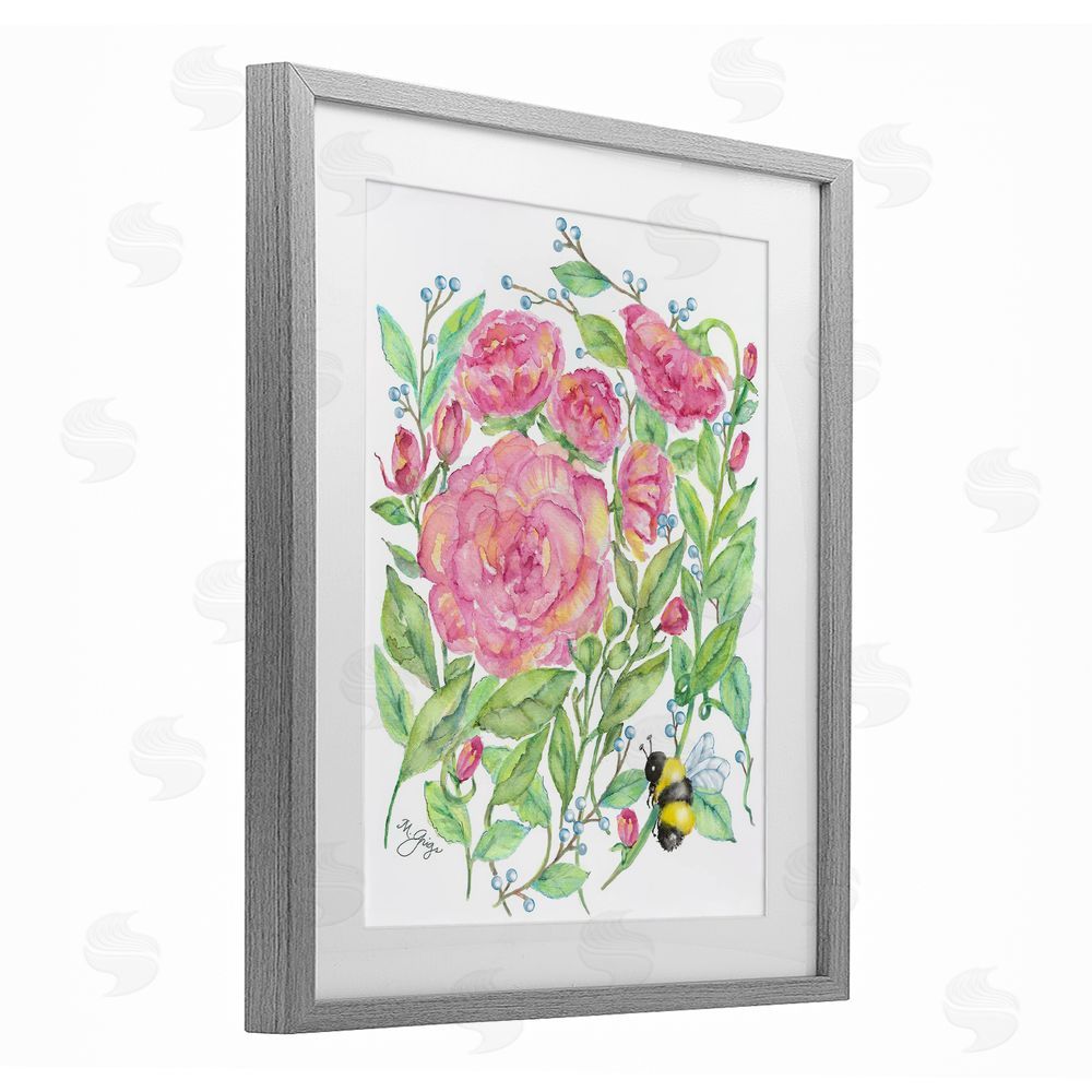 Maureen Grigs Peony & Bumble Bee Gray Framed Print Under Glass Wall Art