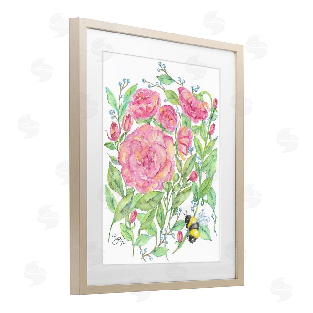 Maureen Grigs Peony & Bumble Bee Brown Framed Print Under Glass Wall Art