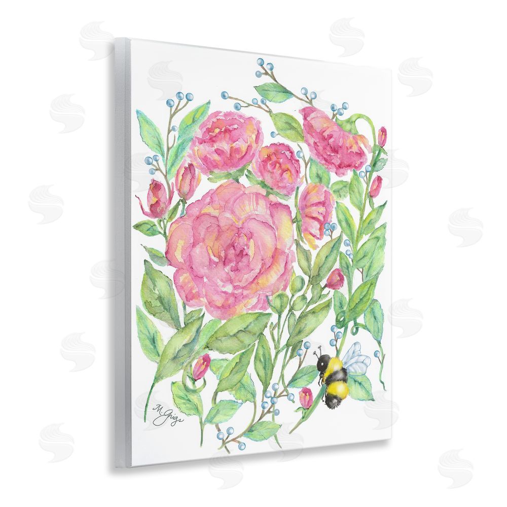 Maureen Grigs Peony & Bumble Bee Wooden Wall Plaque Art Print