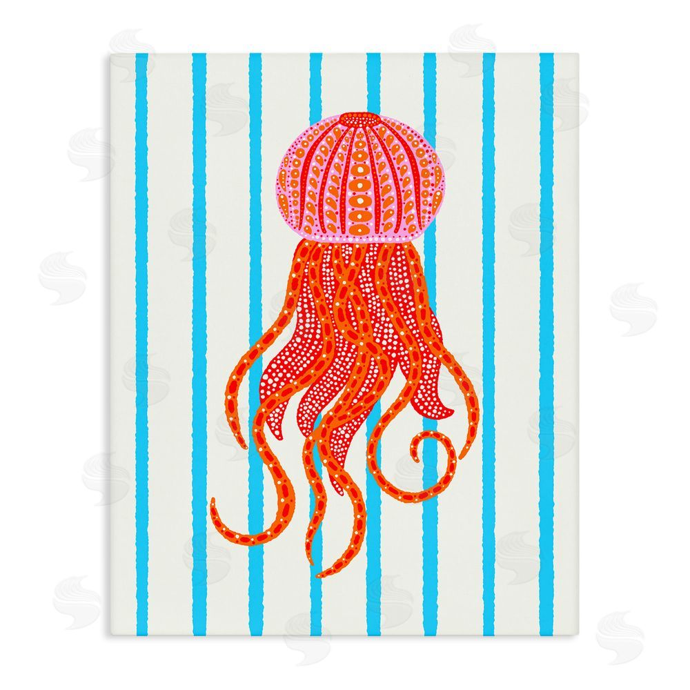 Indira Prieto | IndySign Bright Aquatic Jellyfish on Stripes Stretched Canvas Wall Art Print
