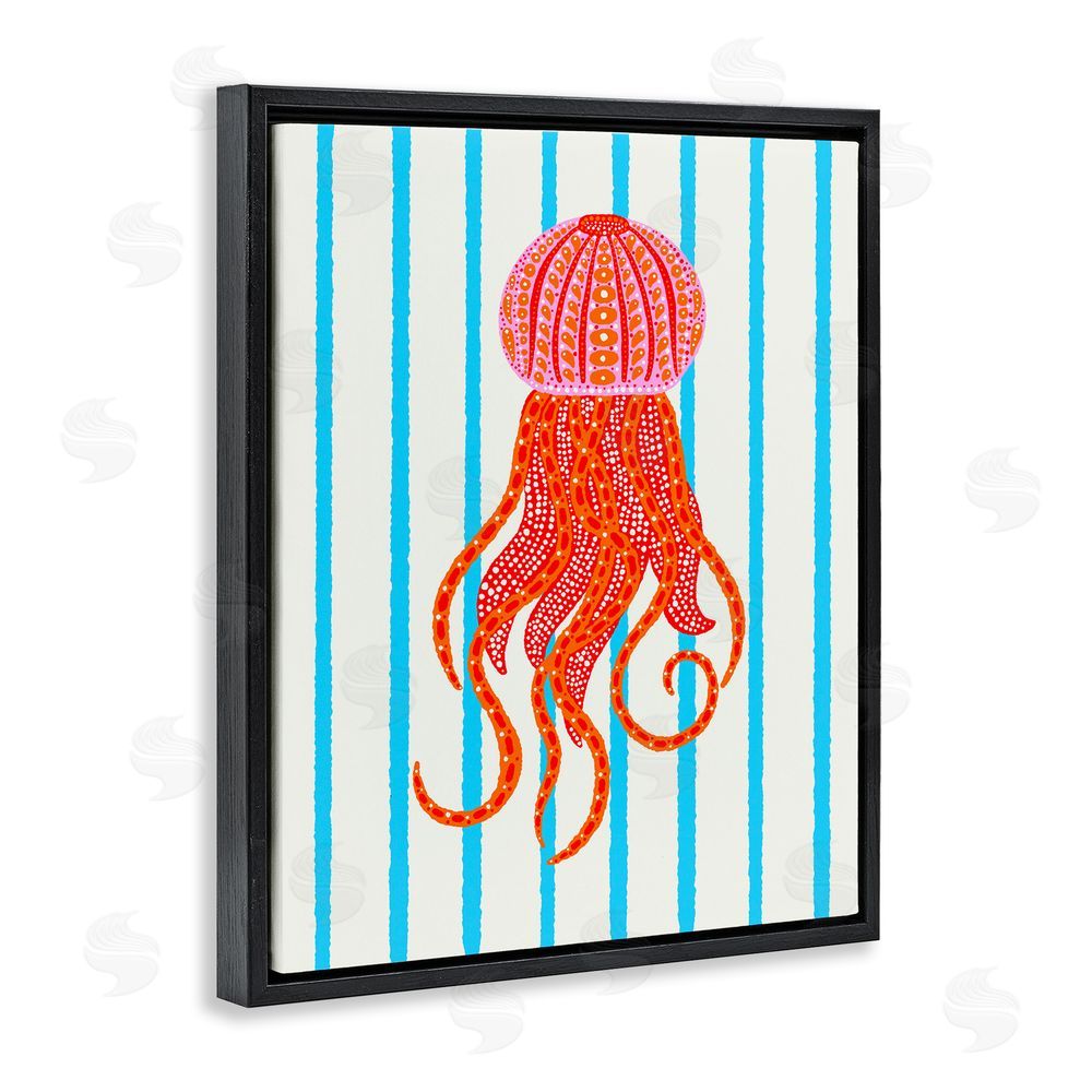 Indira Prieto | IndySign Bright Aquatic Jellyfish on Stripes Black Floating Frame Canvas Wall Art Print