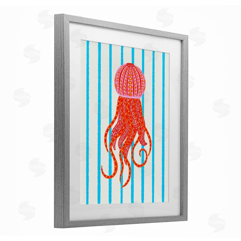 Indira Prieto | IndySign Bright Aquatic Jellyfish on Stripes Gray Framed Print Under Glass Wall Art