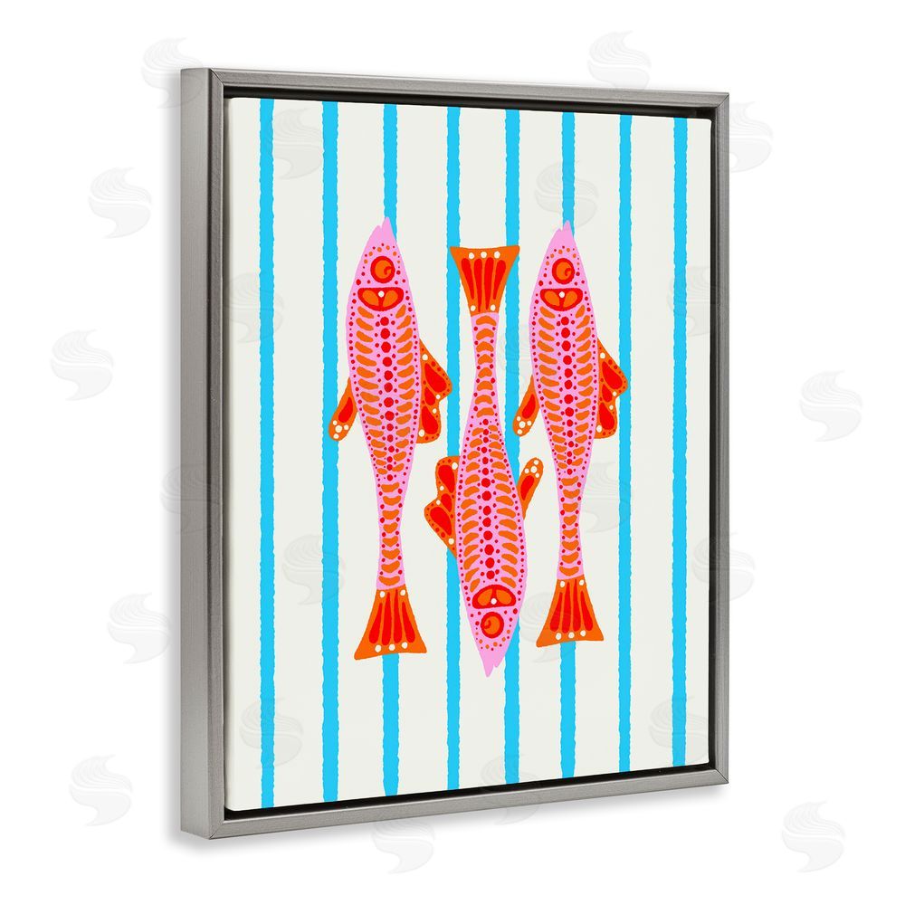 Indira Prieto | IndySign Bright Aquatic Fish on Stripes Gray Floating Frame Canvas Wall Art Print
