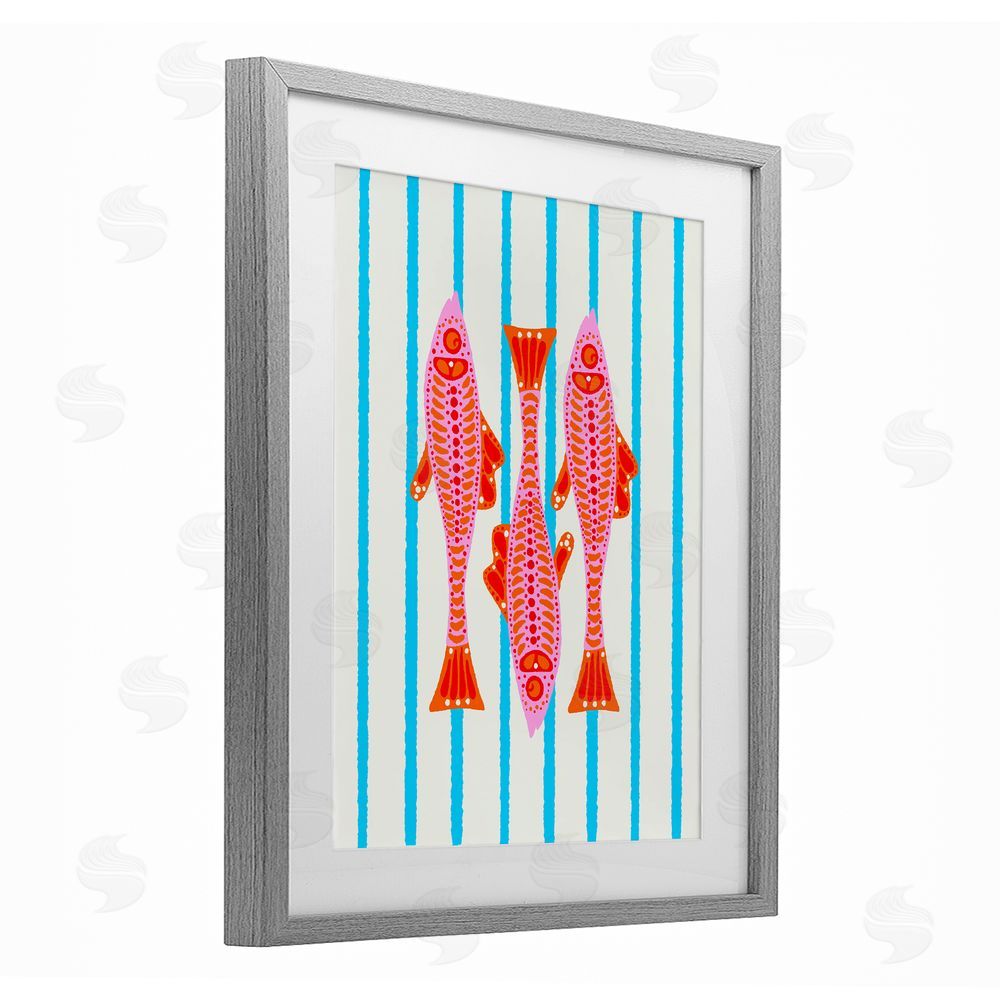 Indira Prieto | IndySign Bright Aquatic Fish on Stripes Gray Framed Print Under Glass Wall Art
