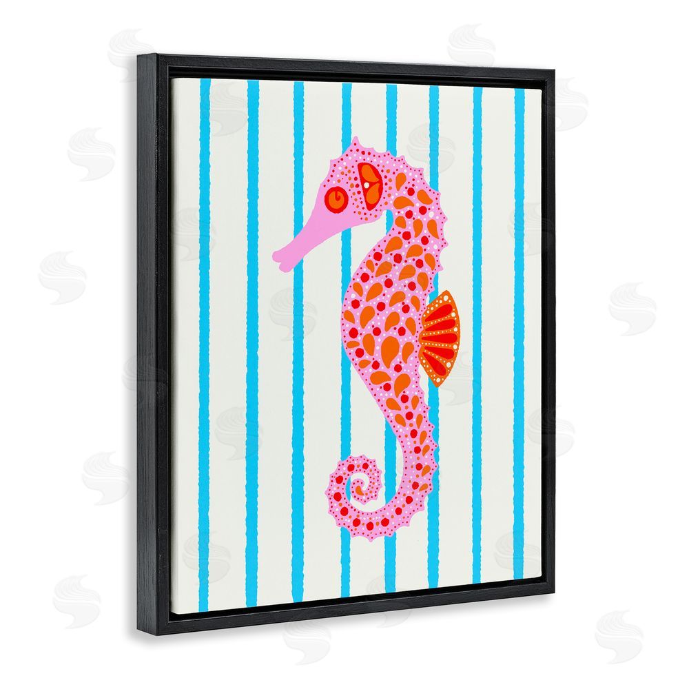 Indira Prieto | IndySign Boho Seahorse on Stripes Black Floating Frame Canvas Wall Art Print