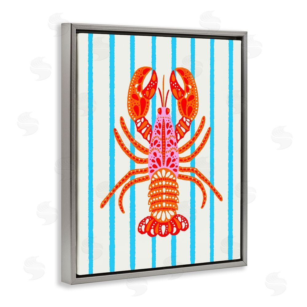 Indira Prieto | IndySign Bright Boho Lobster on Stripes Gray Floating Frame Canvas Wall Art Print