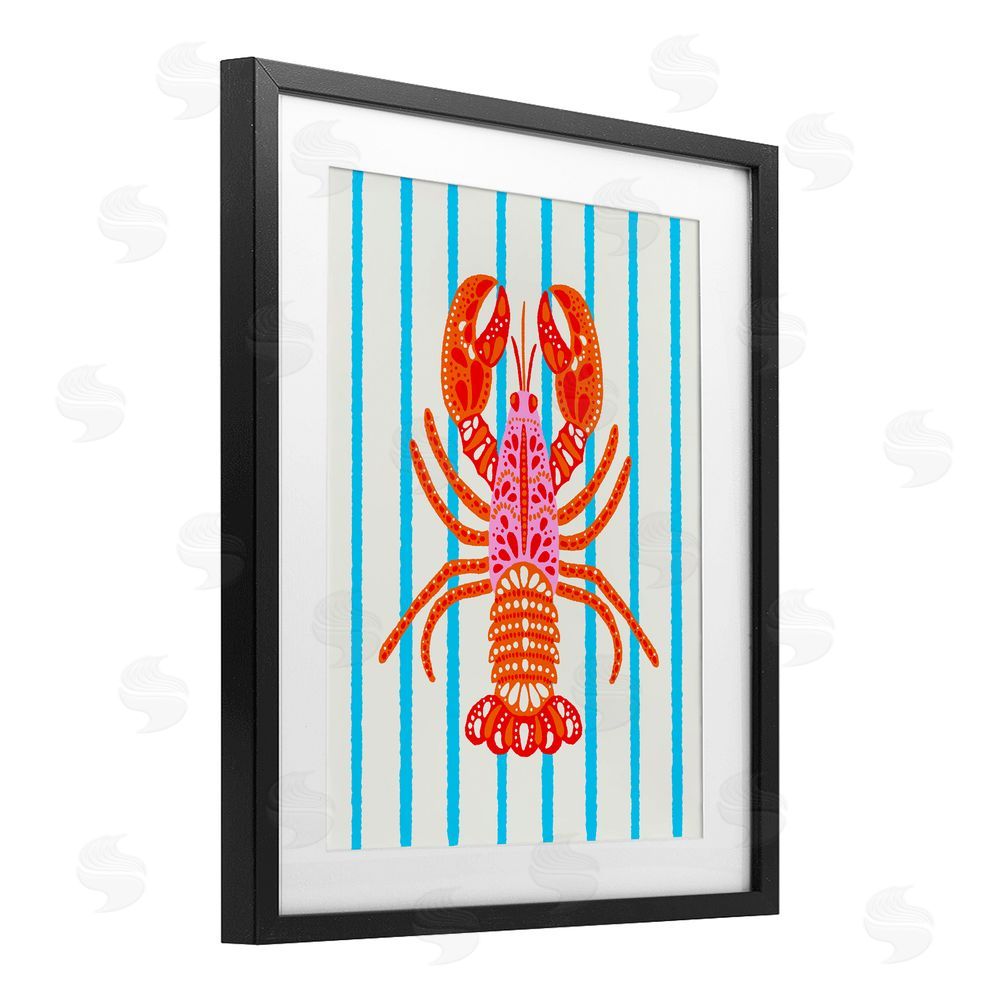 Indira Prieto | IndySign Bright Boho Lobster on Stripes Black Framed Print Under Glass Wall Art