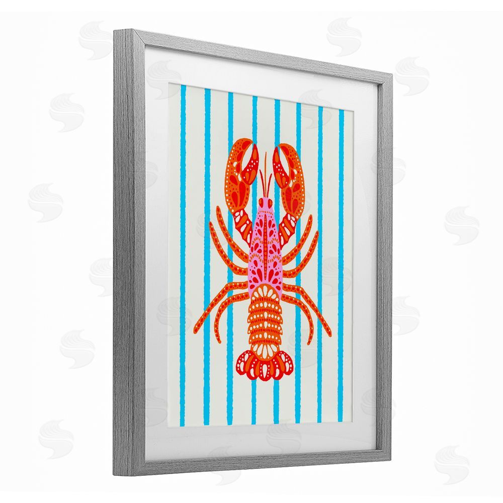 Indira Prieto | IndySign Bright Boho Lobster on Stripes Gray Framed Print Under Glass Wall Art