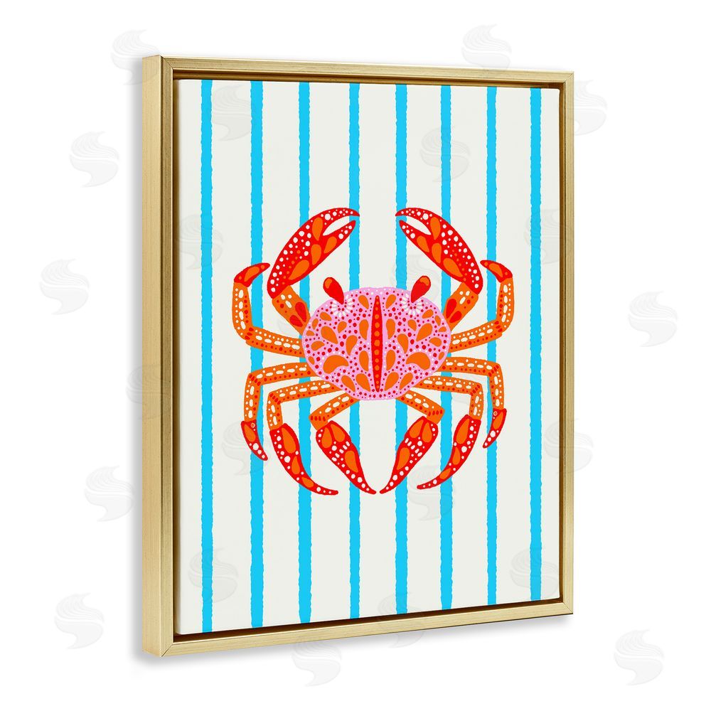 Indira Prieto | IndySign Bright Crab on Stripes Gold Floating Frame Canvas Wall Art Print