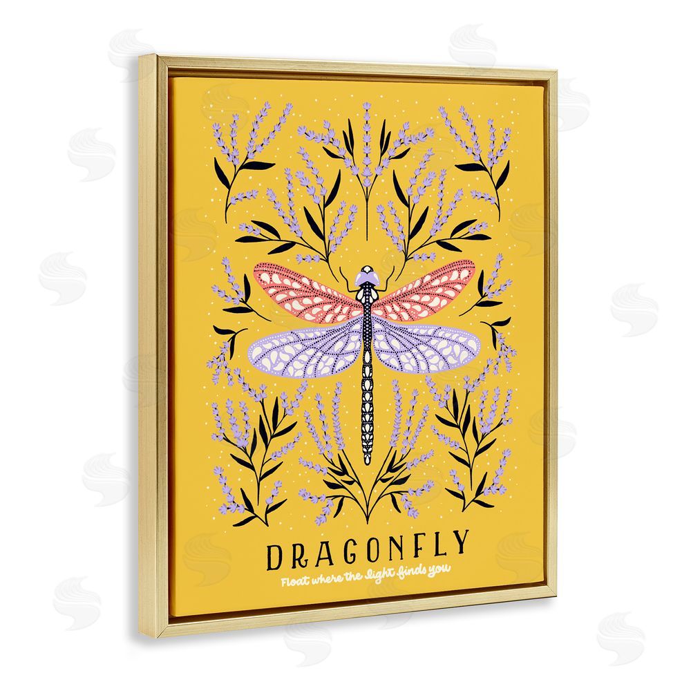 Indira Prieto | IndySign Dragonfly Symmetry on Yellow Gold Floating Frame Canvas Wall Art Print