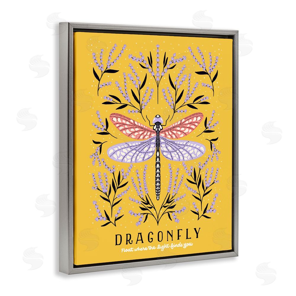 Indira Prieto | IndySign Dragonfly Symmetry on Yellow Gray Floating Frame Canvas Wall Art Print