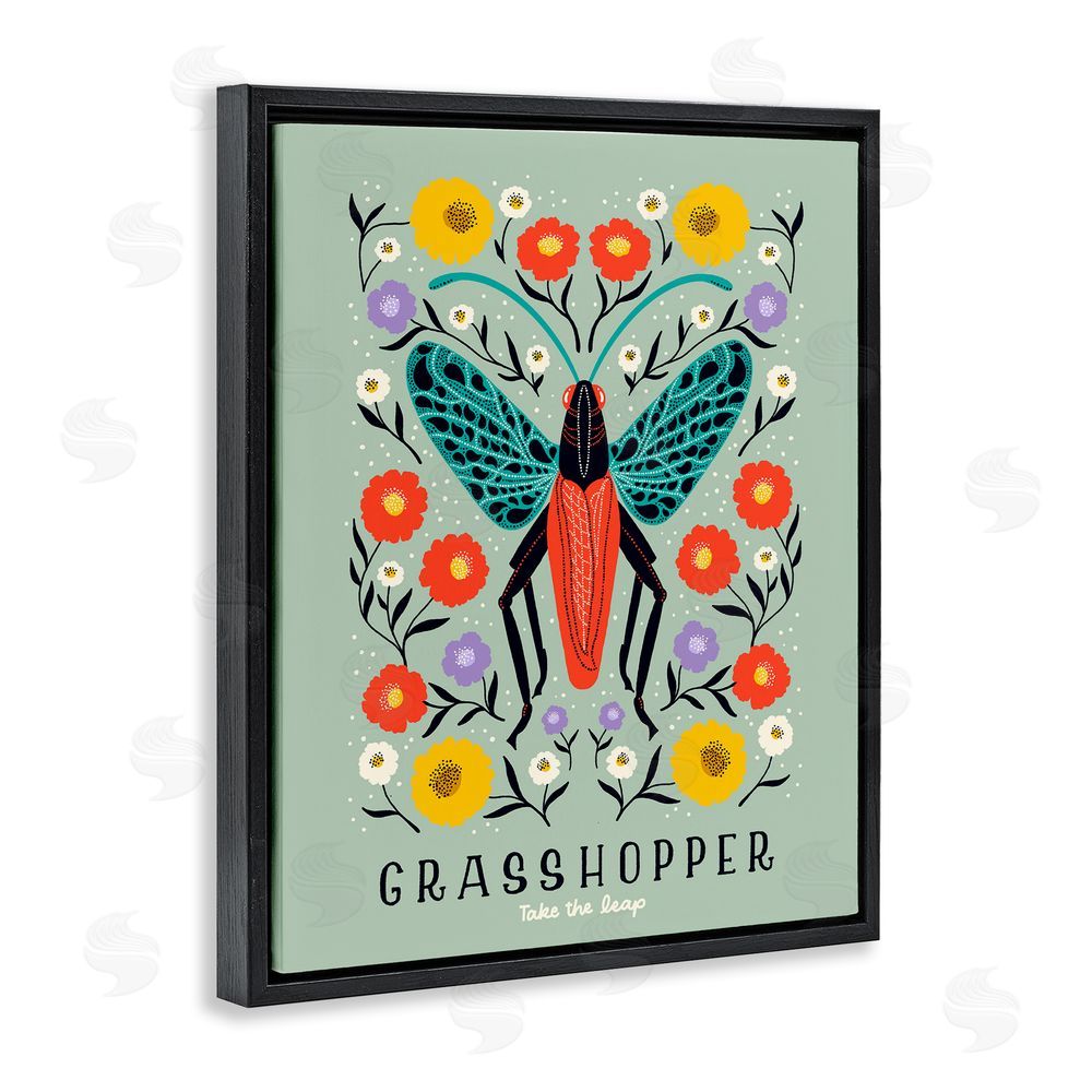 Indira Prieto | IndySign Symmetrical Grasshopper with Blooms Black Floating Frame Canvas Wall Art Print