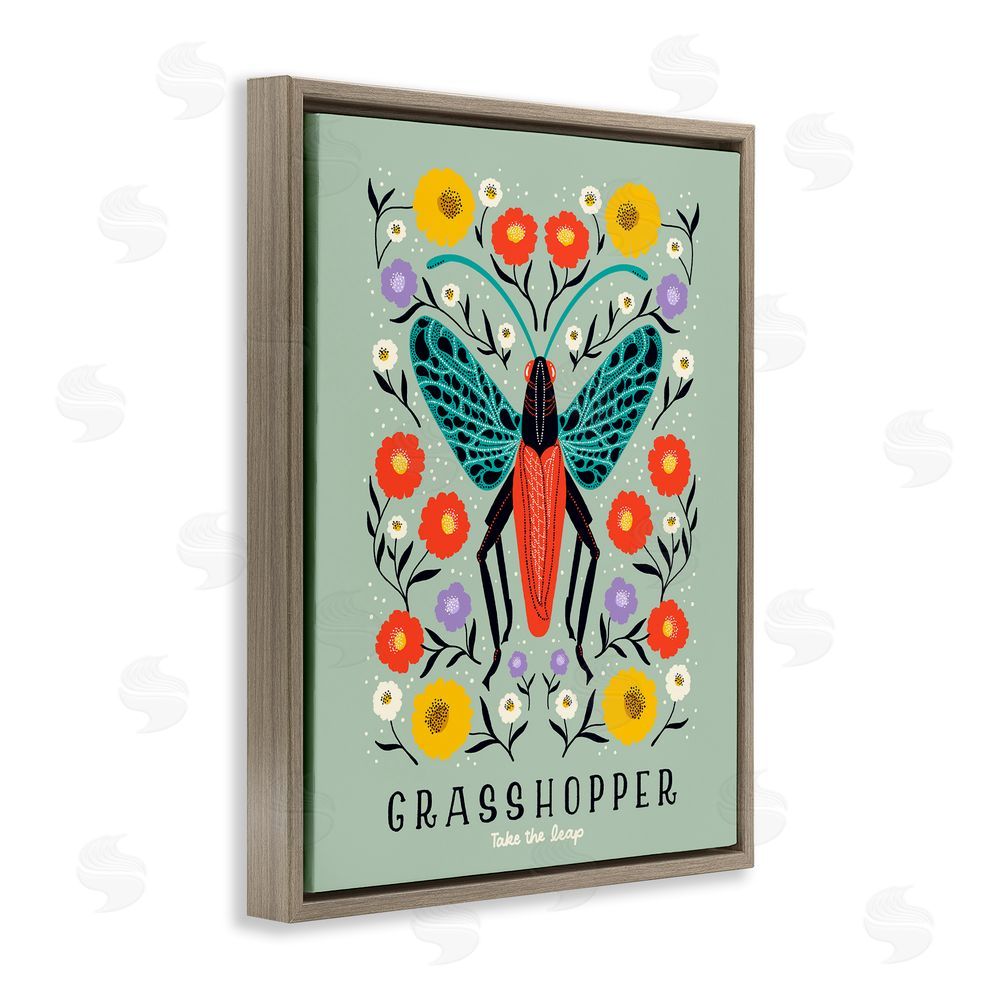 Indira Prieto | IndySign Symmetrical Grasshopper with Blooms Brown Floating Frame Canvas Wall Art Print