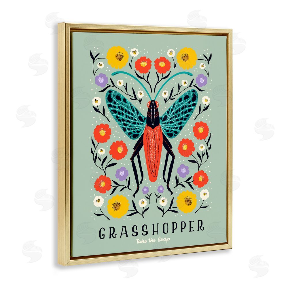 Indira Prieto | IndySign Symmetrical Grasshopper with Blooms Gold Floating Frame Canvas Wall Art Print