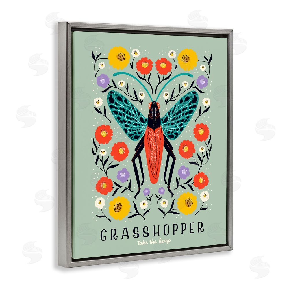 Indira Prieto | IndySign Symmetrical Grasshopper with Blooms Gray Floating Frame Canvas Wall Art Print