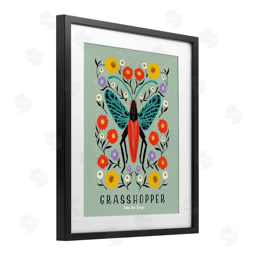Indira Prieto | IndySign Symmetrical Grasshopper with Blooms Black Framed Print Under Glass Wall Art