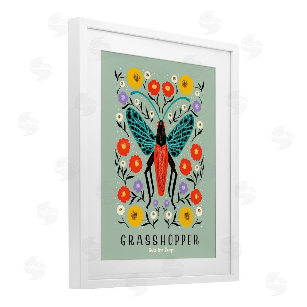 Indira Prieto | IndySign Symmetrical Grasshopper with Blooms White Framed Print Under Glass Wall Art