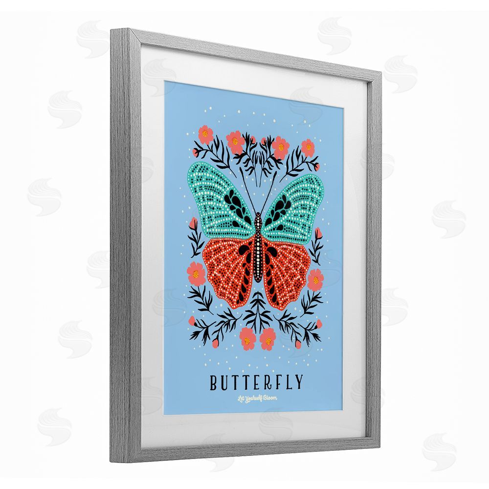 Indira Prieto | IndySign Butterfly Symmetry on Blue Gray Framed Print Under Glass Wall Art