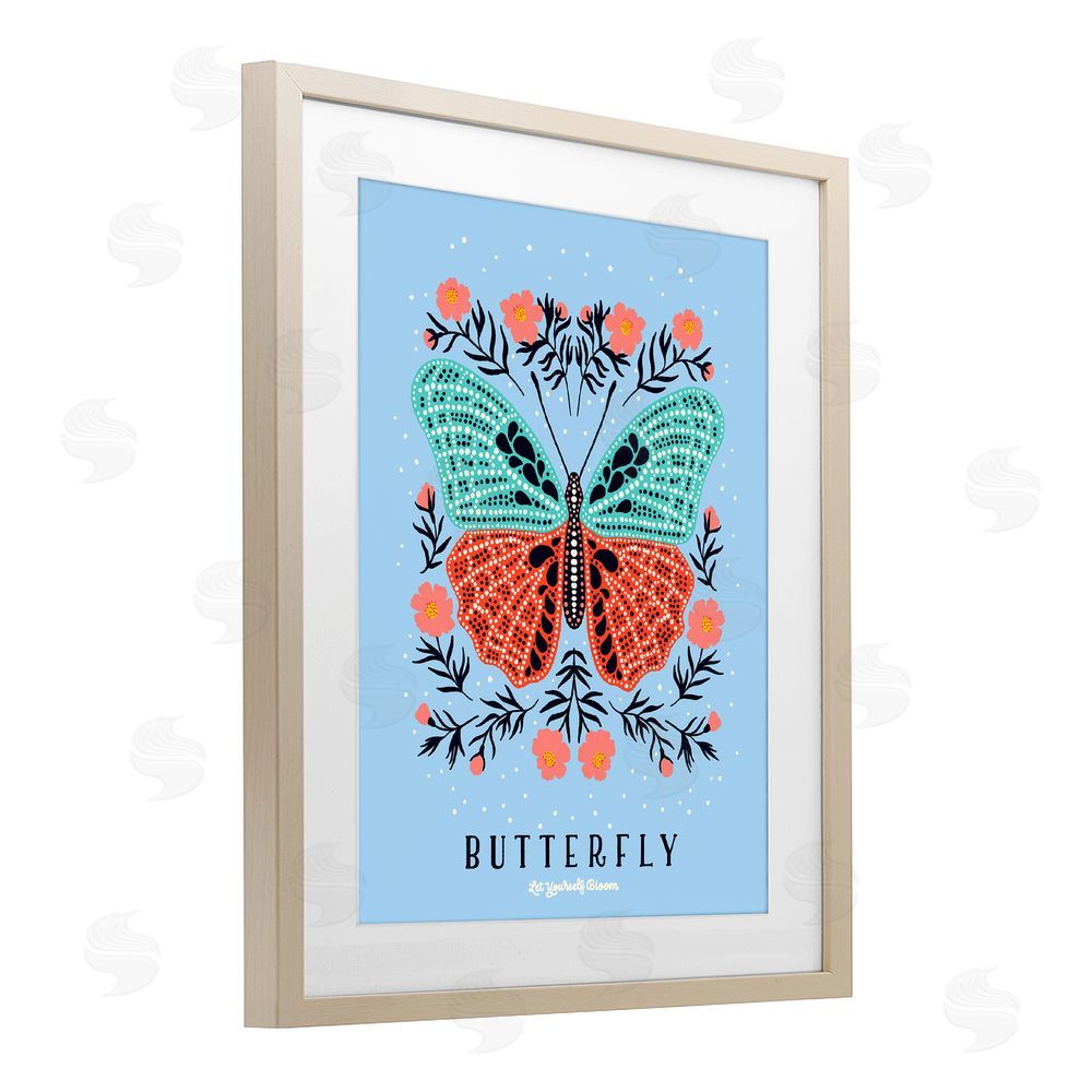 Indira Prieto | IndySign Butterfly Symmetry on Blue Brown Framed Print Under Glass Wall Art