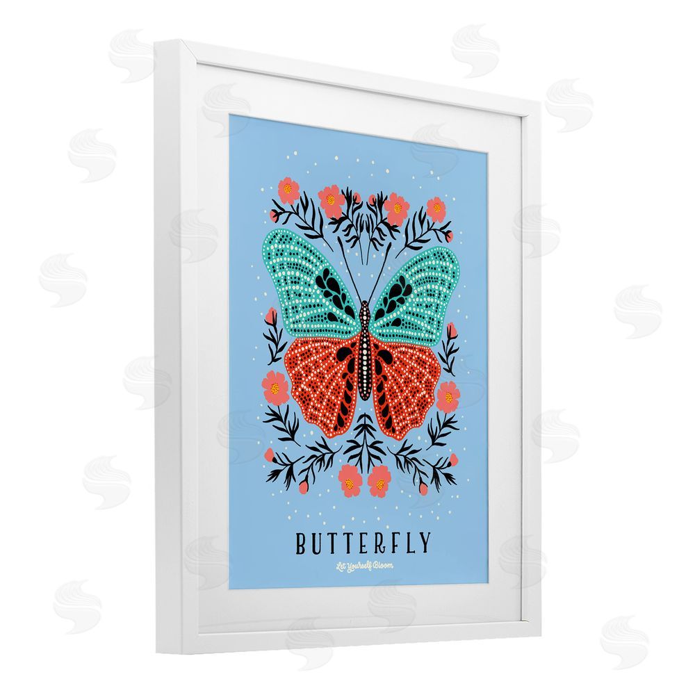Indira Prieto | IndySign Butterfly Symmetry on Blue White Framed Print Under Glass Wall Art