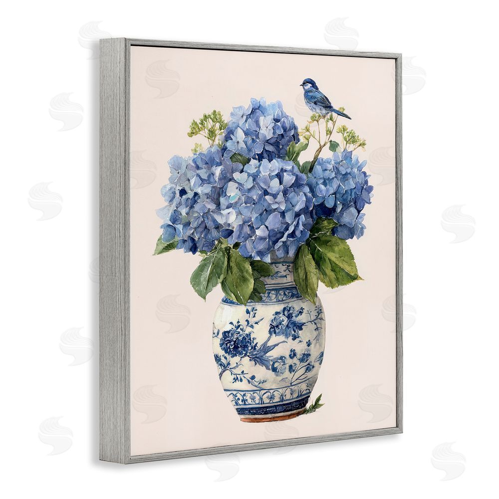 Imagine It Images Songbird Perched on Hydrangeas Gray Framed Giclee Wall Art Print
