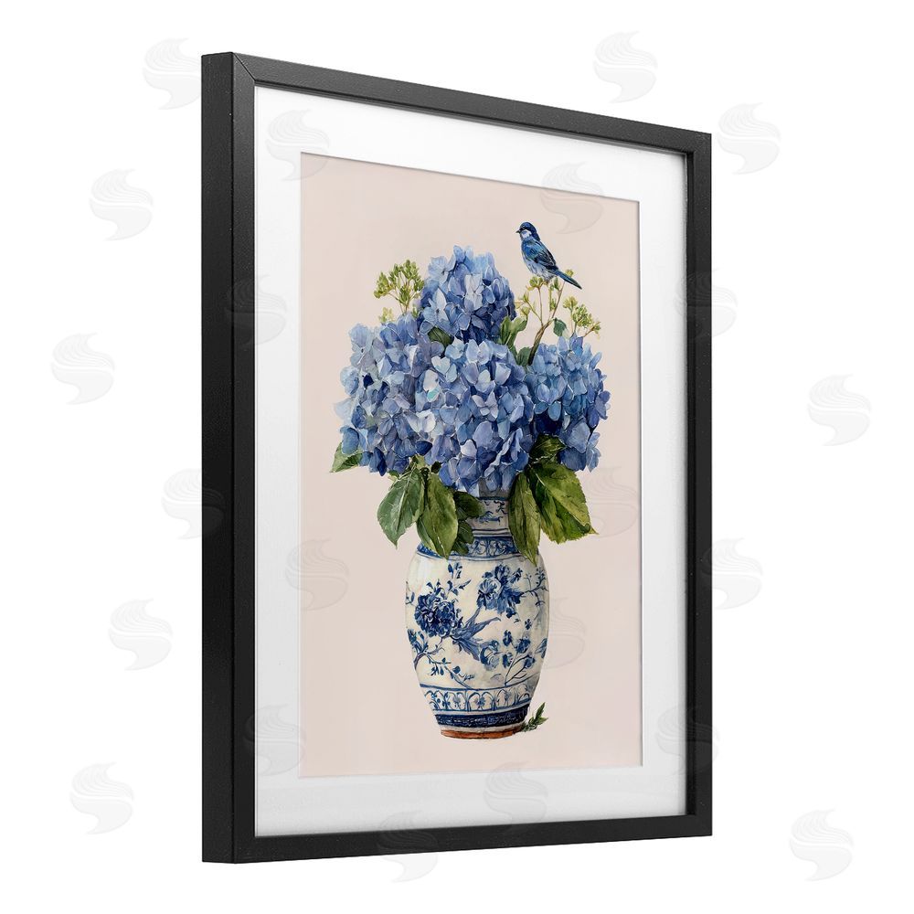 Imagine It Images Songbird Perched on Hydrangeas Black Framed Print Under Glass Wall Art