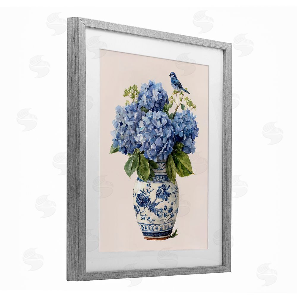 Imagine It Images Songbird Perched on Hydrangeas Gray Framed Print Under Glass Wall Art
