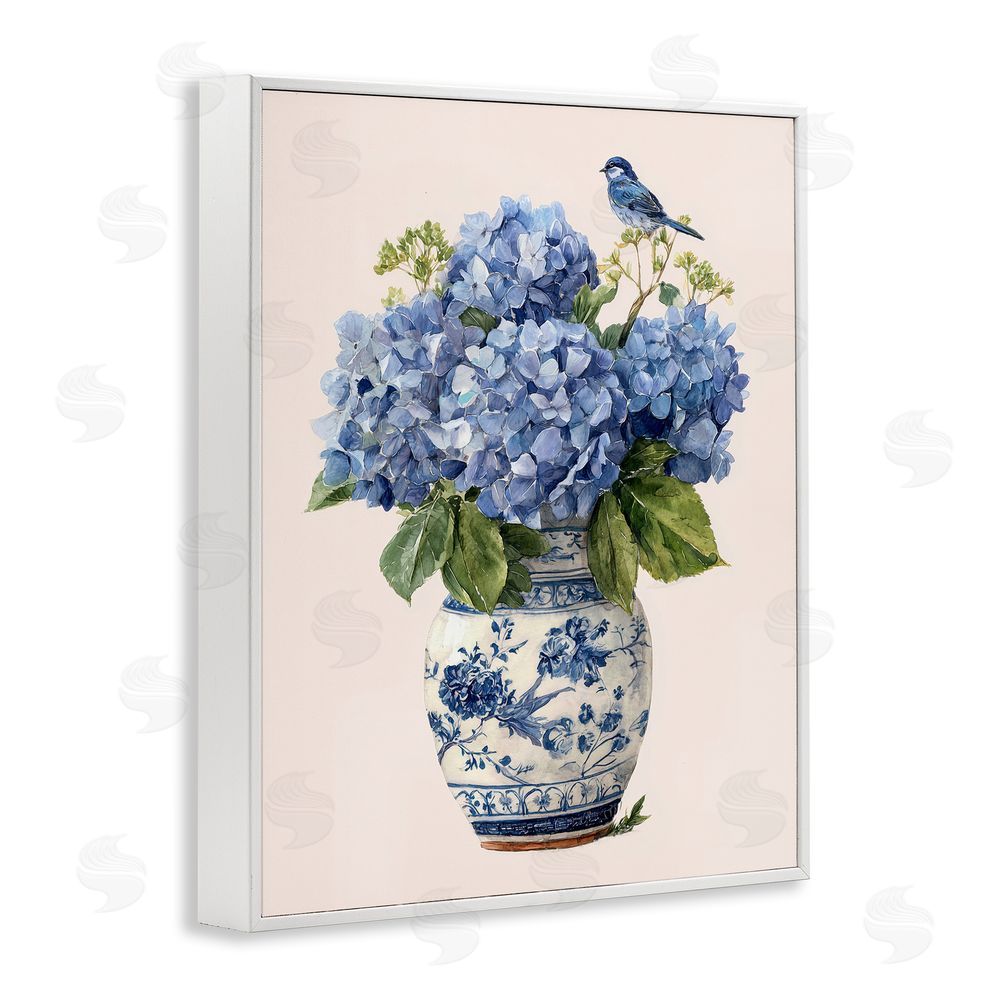Imagine It Images Songbird Perched on Hydrangeas White Framed Giclee Wall Art Print