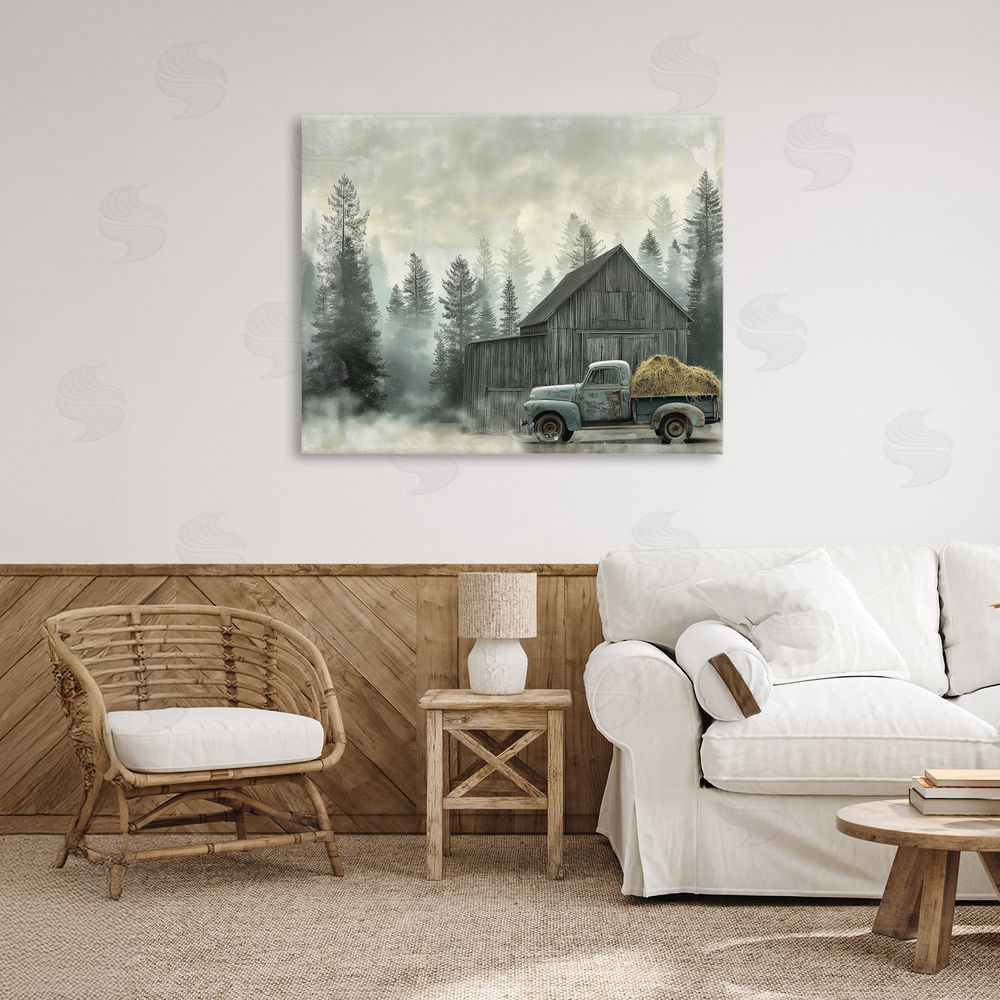Imagine It Images Vintage Pickup at Misty Barn Stretched Canvas Wall Art in Room