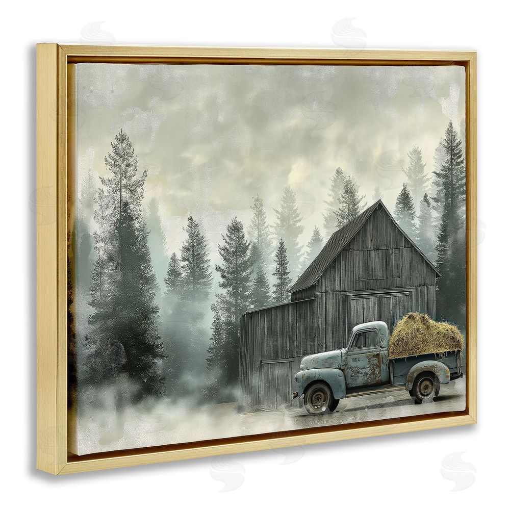 Imagine It Images Vintage Pickup at Misty Barn Gold Floating Frame Canvas Wall Art Print