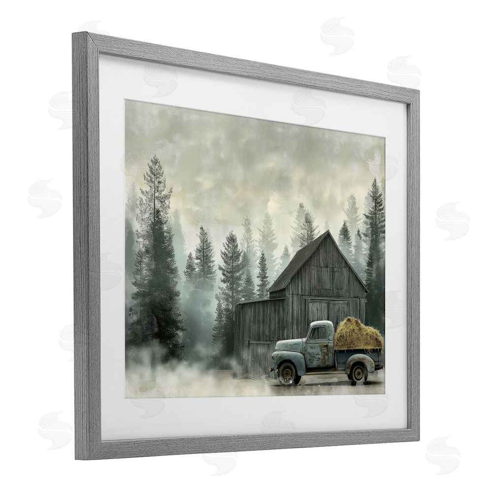 Imagine It Images Vintage Pickup at Misty Barn Gray Framed Print Under Glass Wall Art