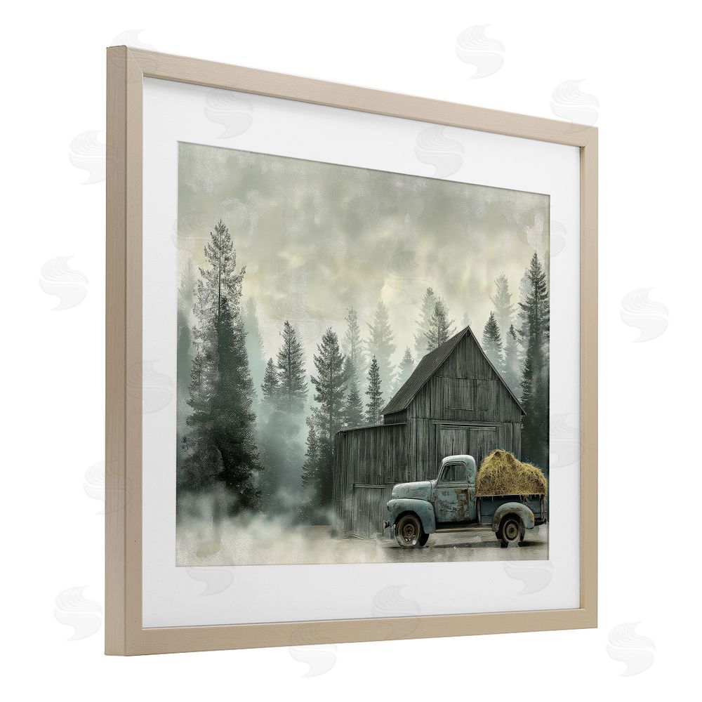 Imagine It Images Vintage Pickup at Misty Barn Brown Framed Print Under Glass Wall Art