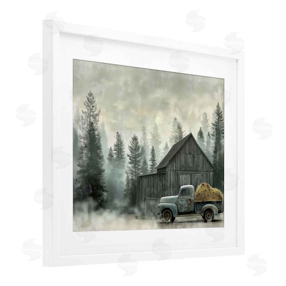 Imagine It Images Vintage Pickup at Misty Barn White Framed Print Under Glass Wall Art