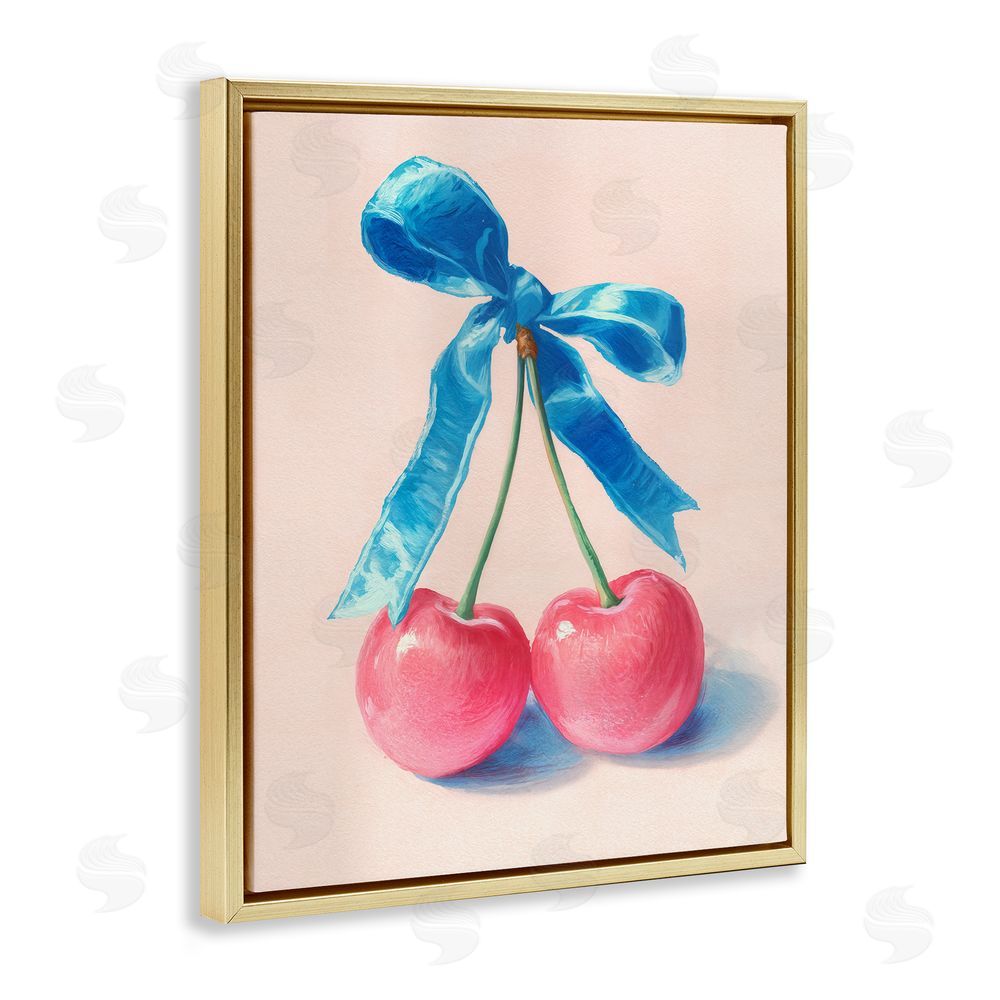 Imagine It Images Twin Cherries with Blue Ribbon Gold Floating Frame Canvas Wall Art Print