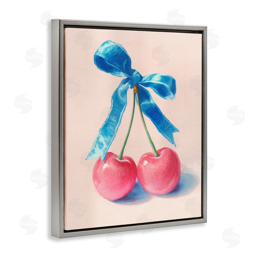 Imagine It Images Twin Cherries with Blue Ribbon Gray Floating Frame Canvas Wall Art Print