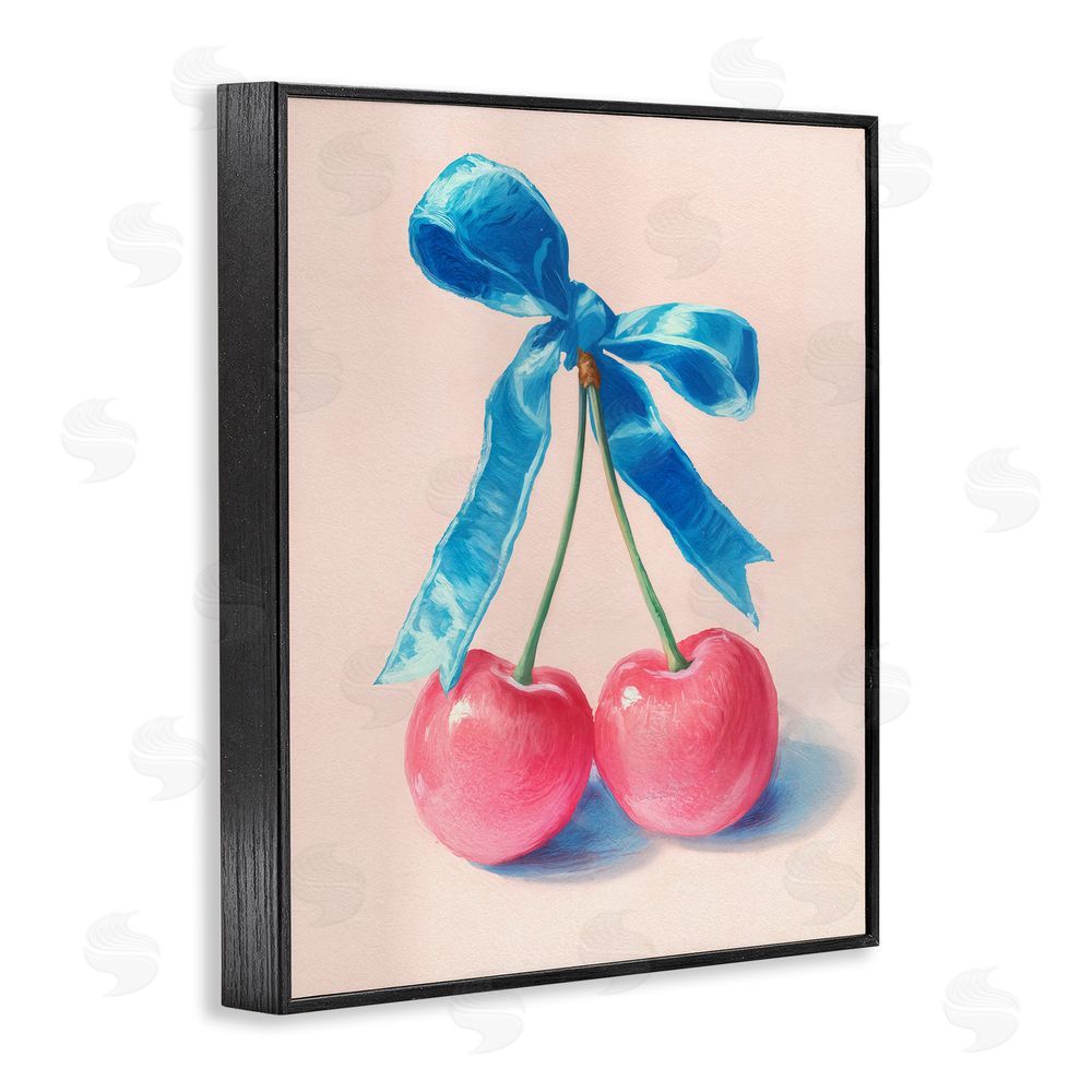 Imagine It Images Twin Cherries with Blue Ribbon Black Framed Giclee Wall Art Print