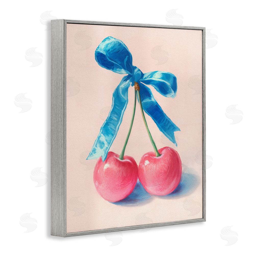 Imagine It Images Twin Cherries with Blue Ribbon Gray Framed Giclee Wall Art Print