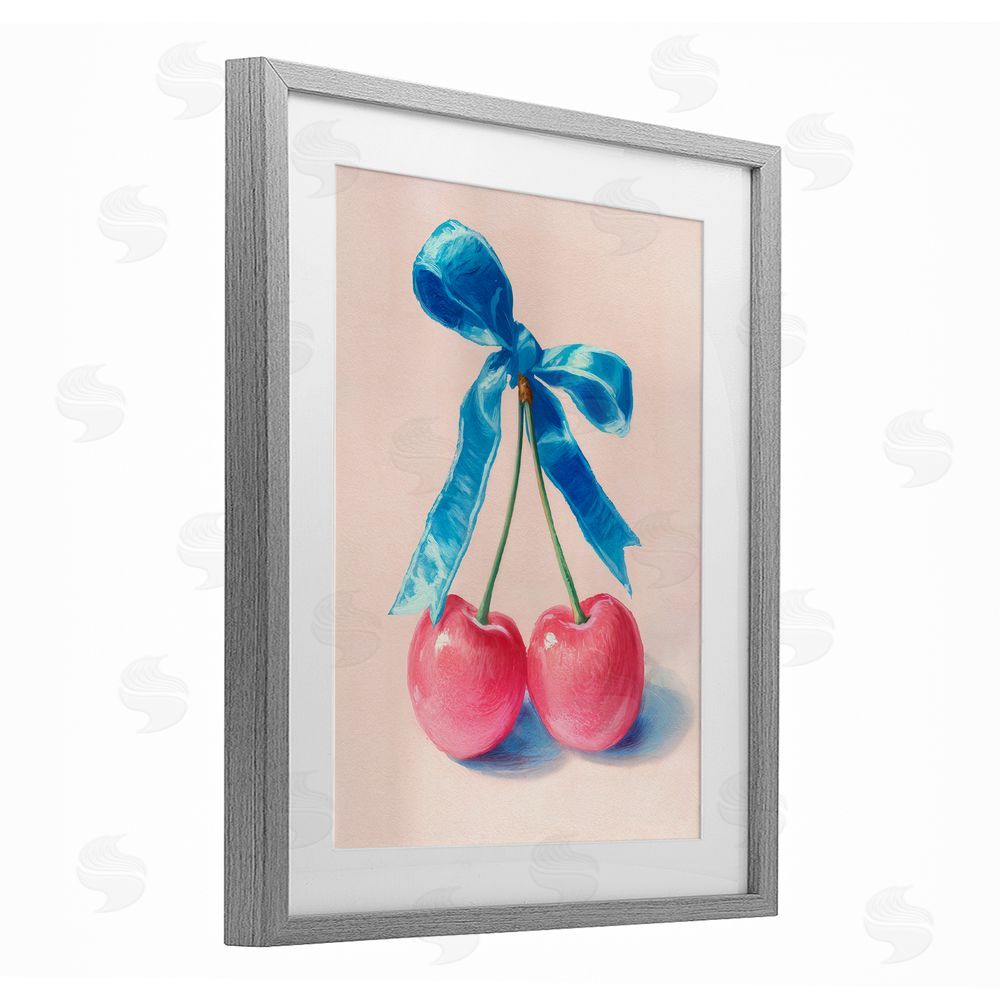 Imagine It Images Twin Cherries with Blue Ribbon Gray Framed Print Under Glass Wall Art