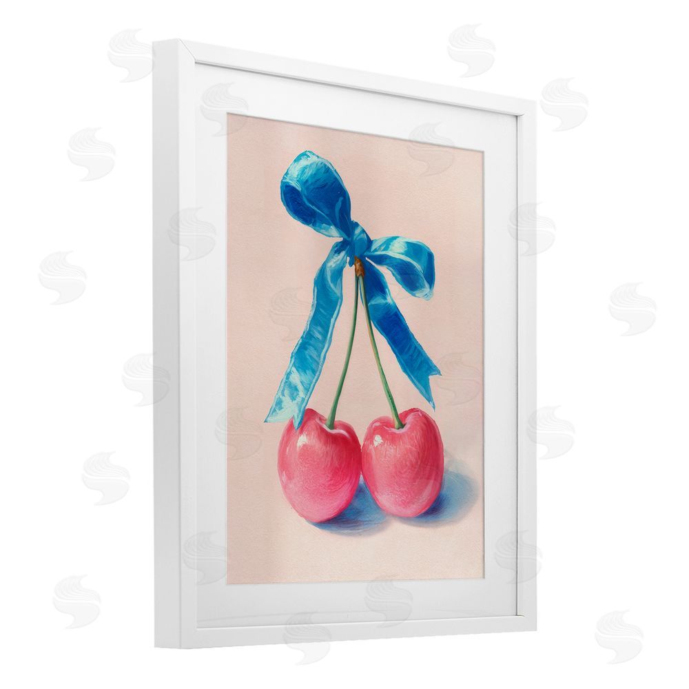 Imagine It Images Twin Cherries with Blue Ribbon White Framed Print Under Glass Wall Art