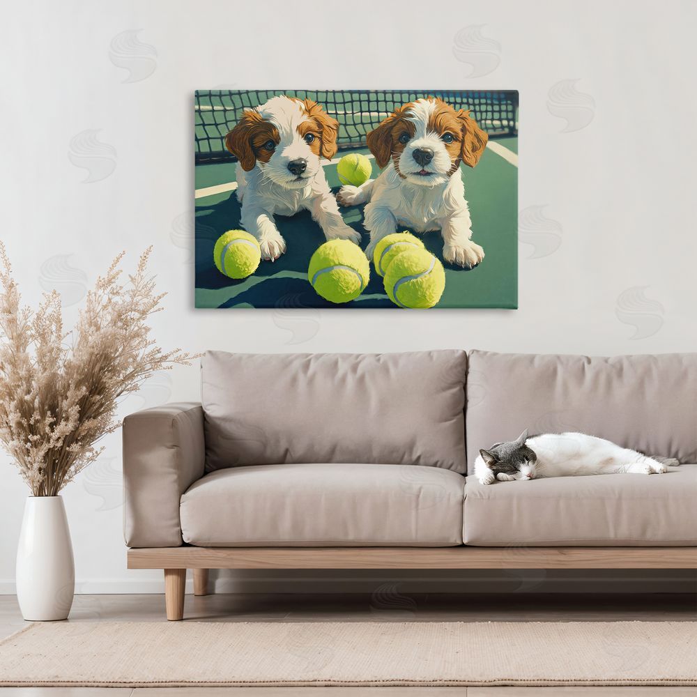 Imagine It Images Playful Puppies with Tennis Balls Stretched Canvas Wall Art in Room