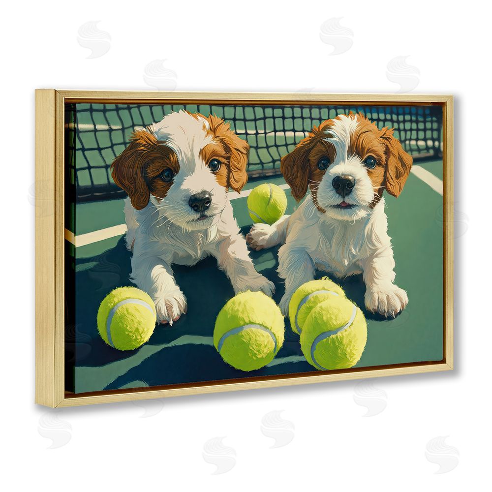 Imagine It Images Playful Puppies with Tennis Balls Gold Floating Frame Canvas Wall Art Print