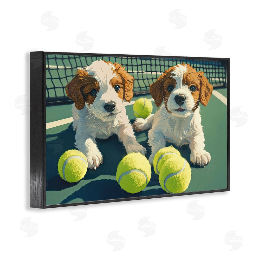 Imagine It Images Playful Puppies with Tennis Balls Black Framed Giclee Wall Art Print