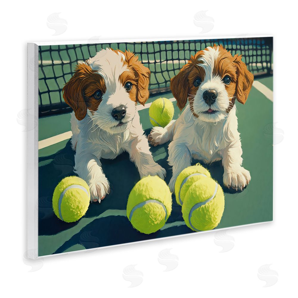 Imagine It Images Playful Puppies with Tennis Balls Wooden Wall Plaque Art Print