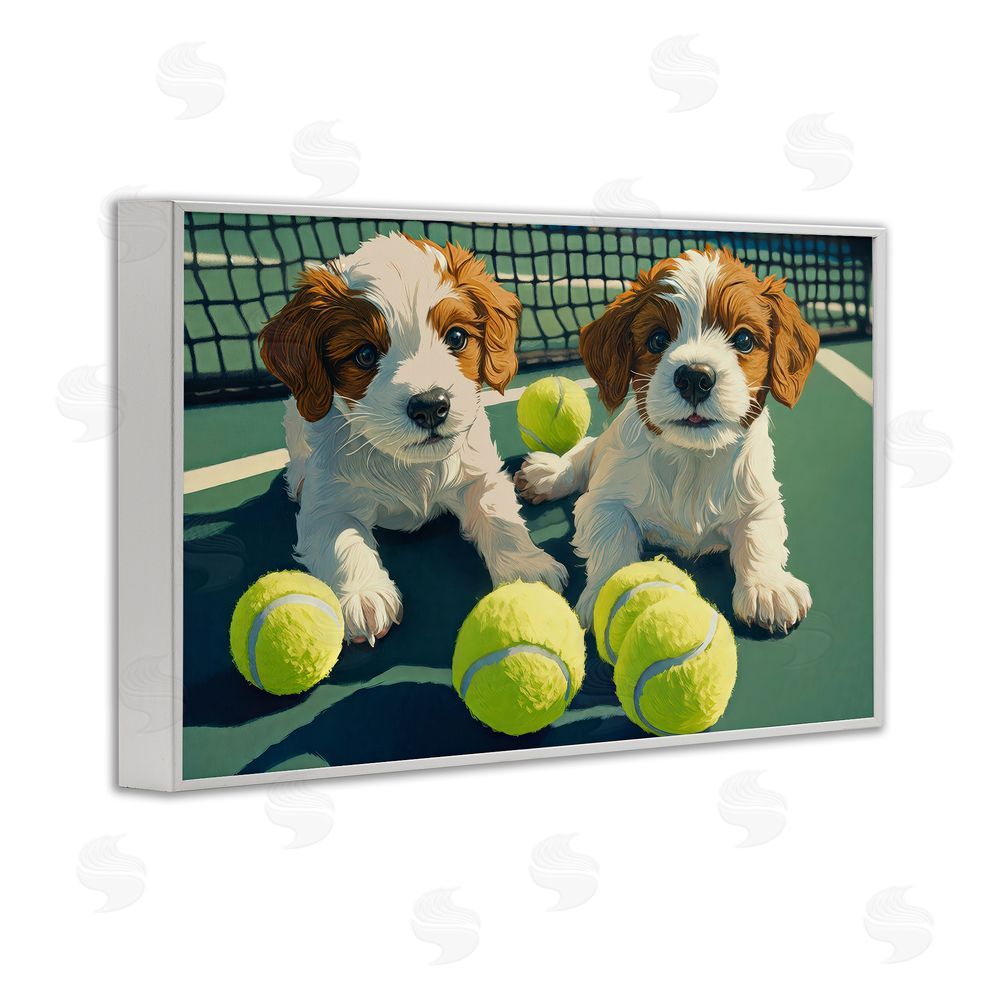 Imagine It Images Playful Puppies with Tennis Balls White Framed Giclee Wall Art Print