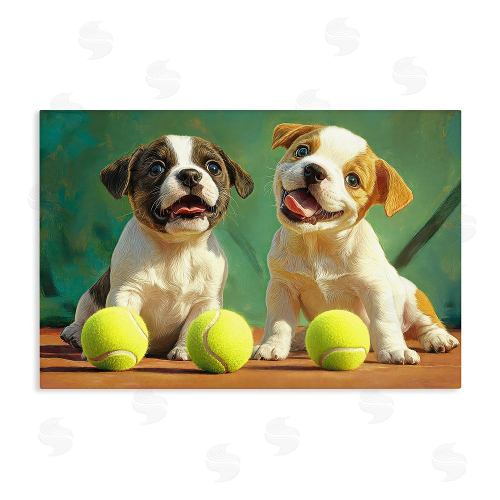 Imagine It Images Adorable Puppies with Tennis Balls Stretched Canvas Wall Art Print