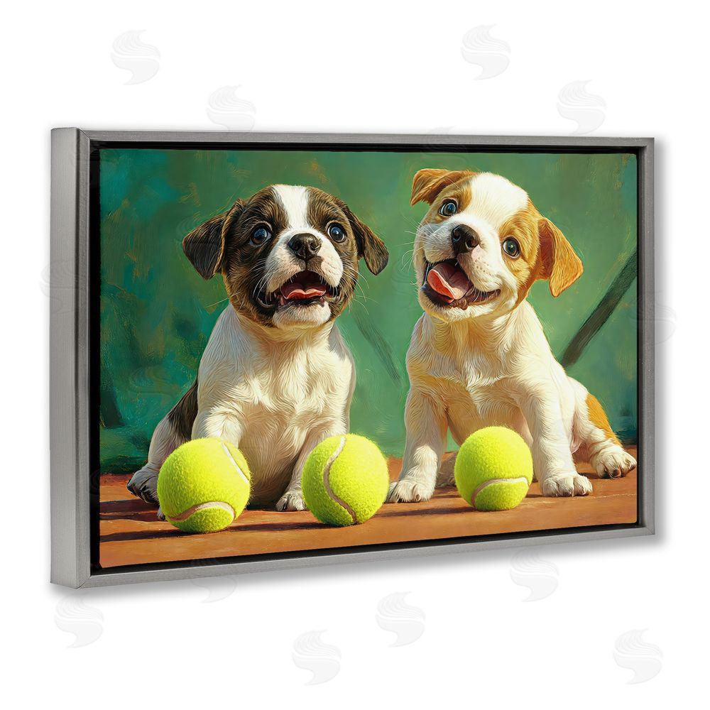 Imagine It Images Adorable Puppies with Tennis Balls Gray Floating Frame Canvas Wall Art Print